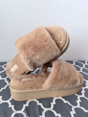 Muk Luks Plush Faux Fur Slide Sandals - Tan